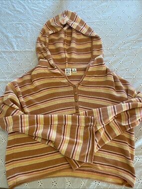 Roxy Hooded V-Neck Striped Sweater in Tan, Pink & Yellow